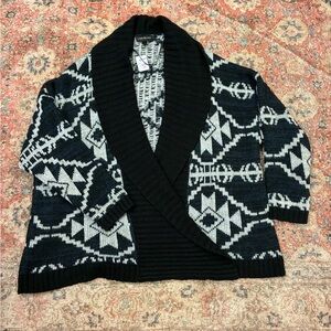 Lane Bryant Black and Cream Geometric Shawl-Collar Cardigan